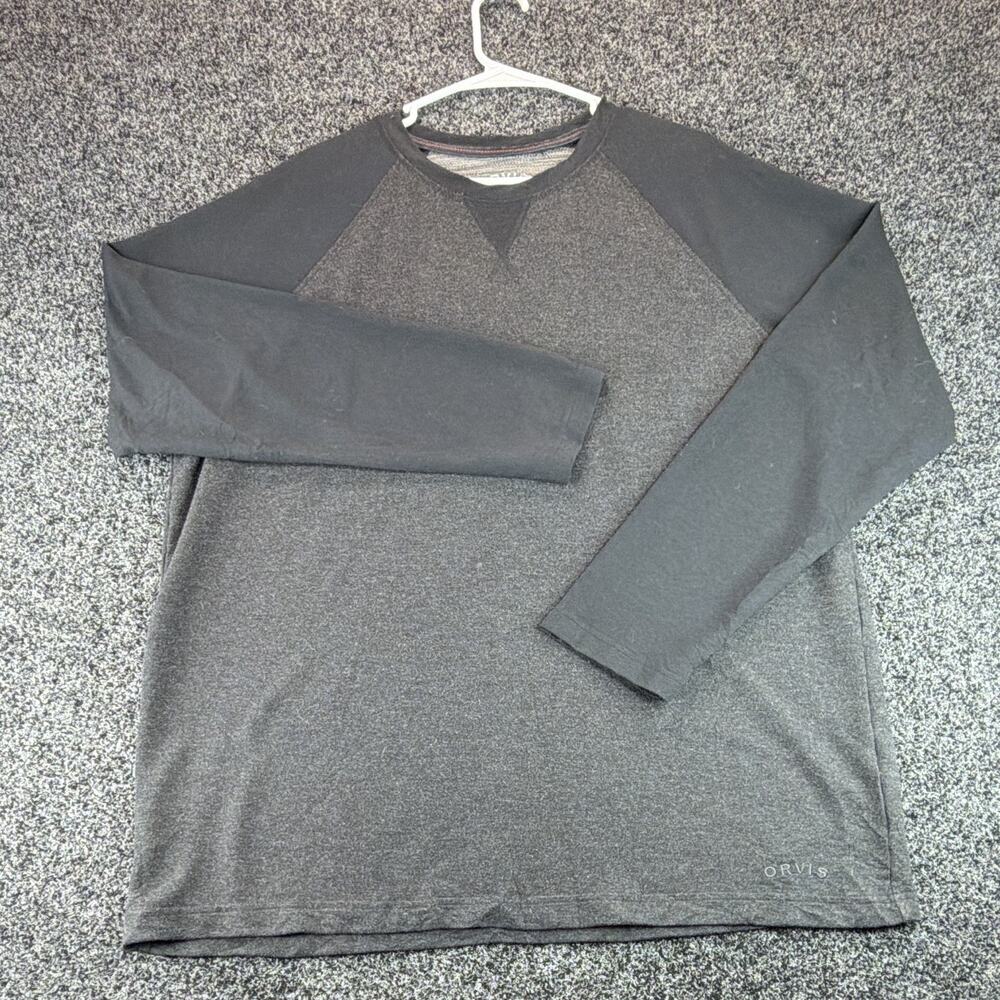 Orvis Shirt Mens XL Gray Black Raglan Long Sleeve Crew Neck Stretch Pullover